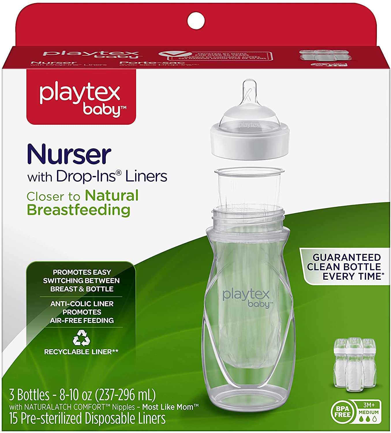 Playtex Baby Nurser Bottle, with Pre-Sterilized Disposable Drop-Ins Liners, Closer to Breastfeeding.
