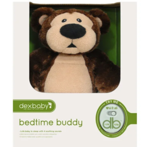 The dexbaby Bedtime Buddy plush sleep soother with its removable white noise sound machine box.
